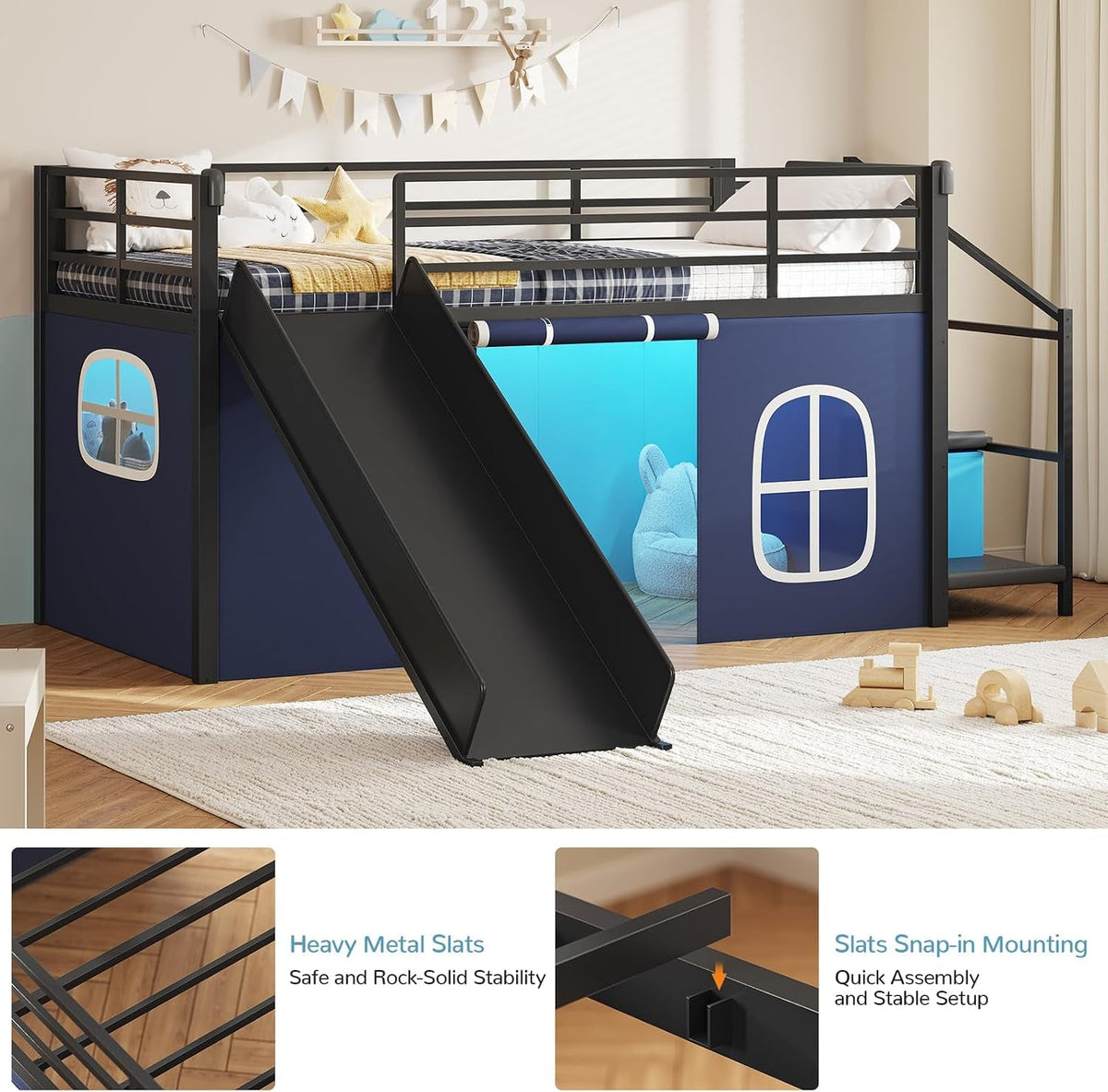 twin-low-loft-bed-with-slide-and-safety-staircase-2-storage-drawers-kids-twin-size-loft-bed-with-led-lights-under-bed-play-tent-built-in-desk-metal-loft-bed-with-safety-guardrail-black-and-blue