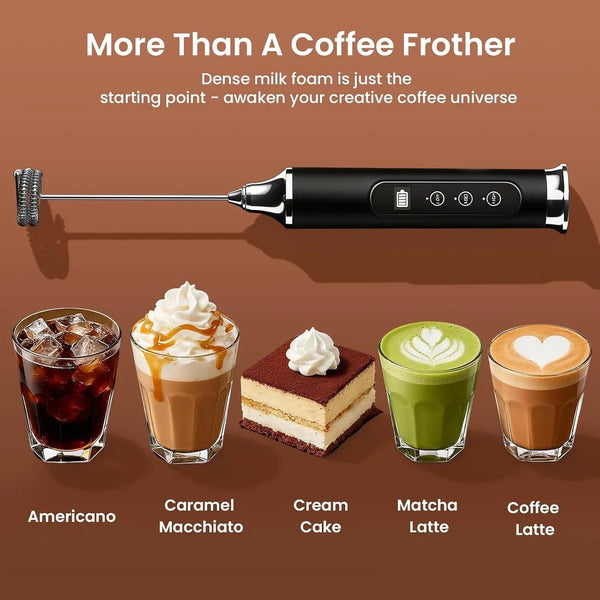Milk Frother Wand for Coffee, Coffee Frother Handheld Drink Mixer | Rechargeable Mixer Wand, Waterproof Electric Whisk for Protein Powder, Lattes, Cappuccino, 3 Variable Speeds 3 Whisks, Black8