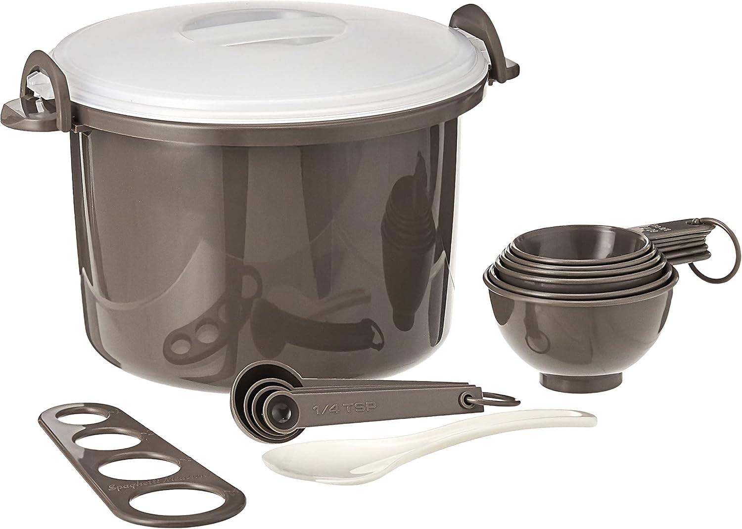 prep-solutions-by-microwaveable-rice-and-pasta-cooker-17-piece-set-includes-measuring-spoons-and-cups-rice-paddle-steaming-insert-pasta-measurer-and-locking-lid-12-cup-capacity-bpa-free-gray