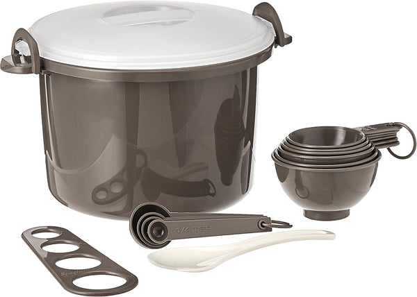 Prep Solutions by  Microwaveable Rice and Pasta Cooker-17 Piece Set Includes Measuring Spoons and Cups, Rice Paddle, Steaming Insert, Pasta Measurer and Locking Lid-12 Cup Capacity BPA FREE, Gray1