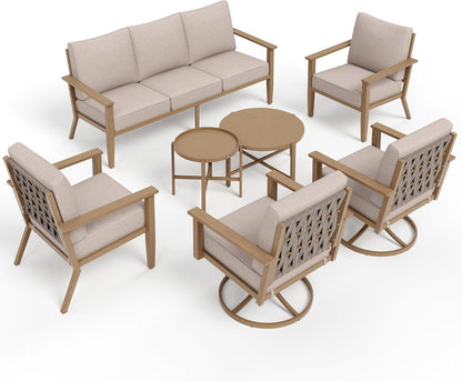 7-Piece Steel Patio Conversation Set, Swivel Chairs, Beige9
