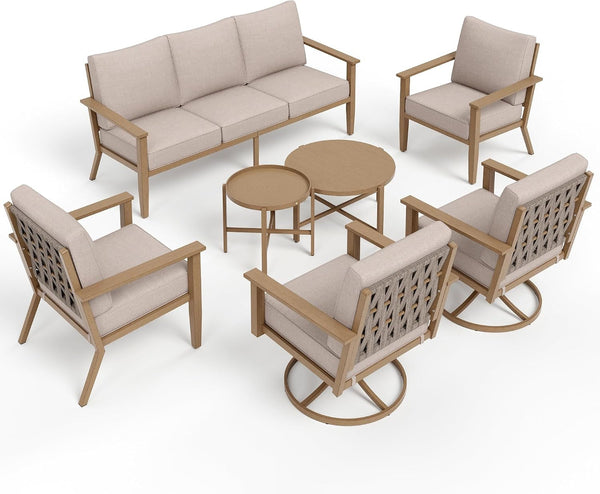 7-Piece Steel Patio Conversation Set, Swivel Chairs, Beige9