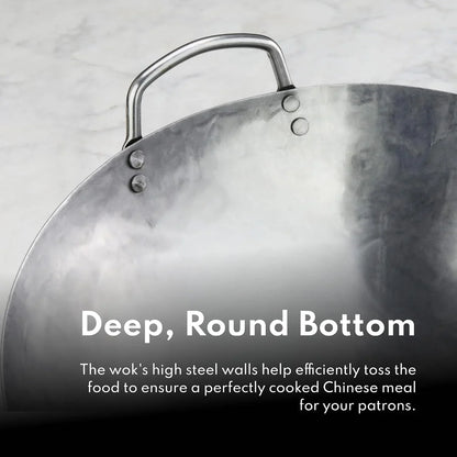 Carbon Steel Wok Set - 14" round Bottom, Hand Hammered with Wood and Steel Helper Handle, Includes Rack/Ring and Spatula (Hand Wash Recommended)5