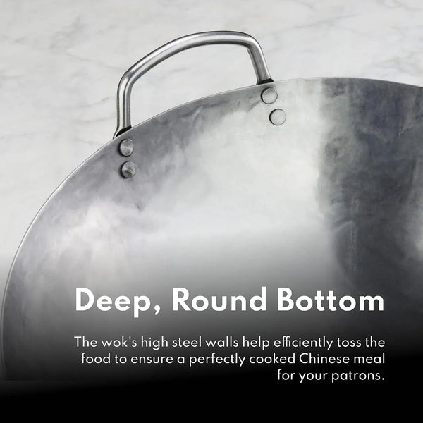 Carbon Steel Wok Set - 14" round Bottom, Hand Hammered with Wood and Steel Helper Handle, Includes Rack/Ring and Spatula (Hand Wash Recommended)5