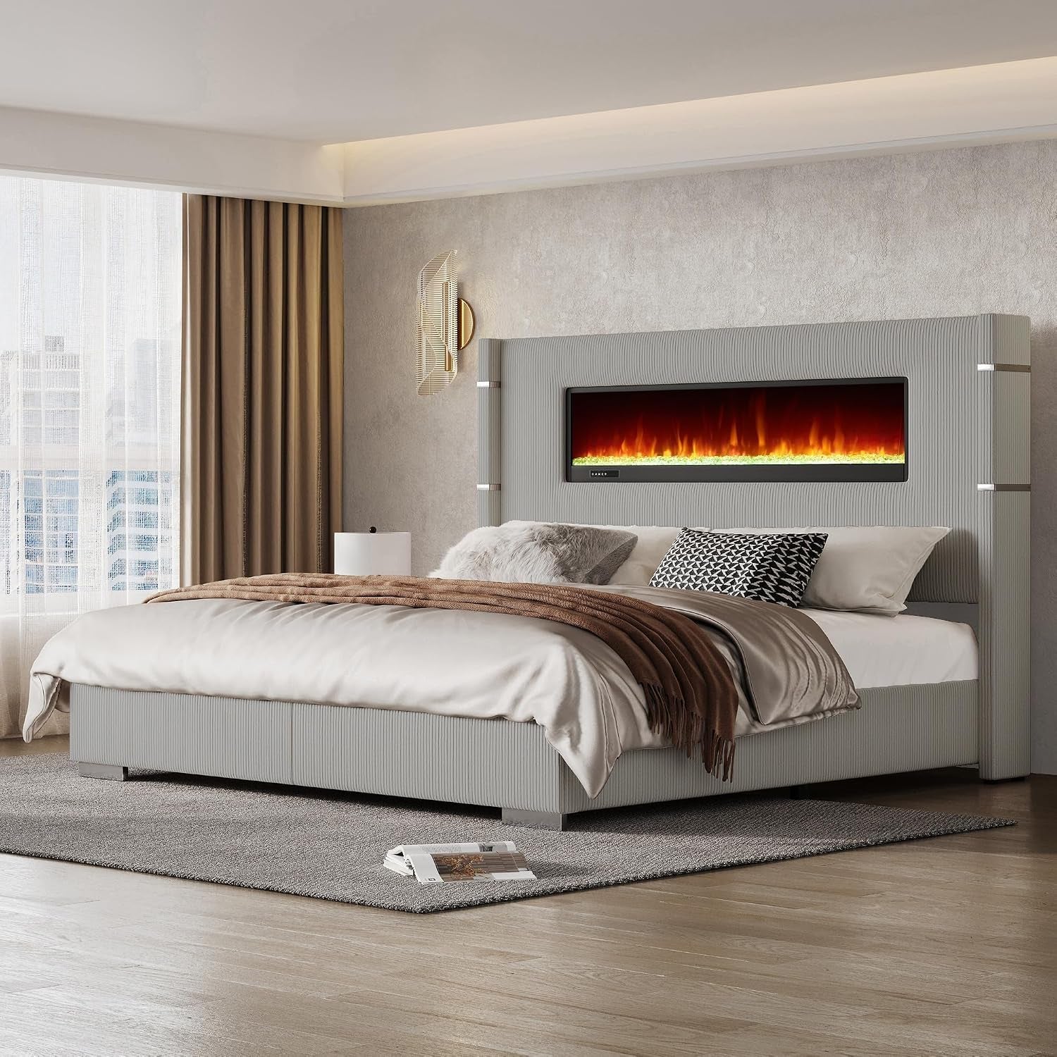 king-bed-frame-with-fireplace-upholstered-headboard-light-gray