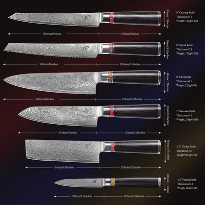Damascus Steel Kitchen Knife Set, 6 Pieces, Chef'S, Santoku, Bread Knife, Paring Knife & More, Ultra Sharp for Very Fast Cutting, with Gift Box3