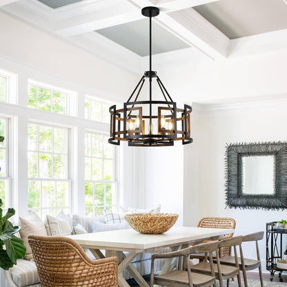 20" Dining Room Light Fixture/Chandelier over Table, 5-Light Black & Wood Grain Farmhouse Chandeliers for Dining Room, Industrial Metal Hanging Pendant Lights Fixture for Kitchen Island Foyer Entryway8