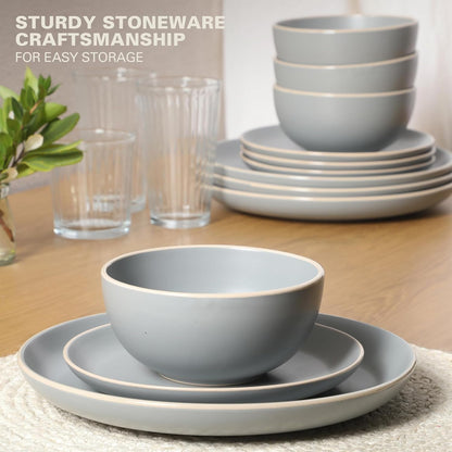 Rockaway 12-Piece Stoneware Dinnerware Set, Matte Finish, Service for 4, Modern Ceramic Plates and Bowls, Microwave & Dishwasher Safe – Soft Gray - Service for 44