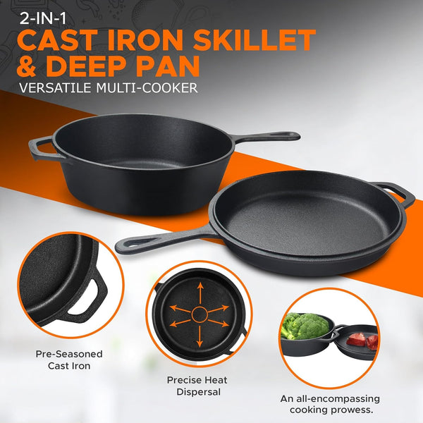 Combo Cooker Cast Iron Dutch Oven with Lid 2 In1, PFAS Free Pre-Seasoned Multi Cookware Skillet, 3.2QT Cast Iron Pan Dutch Oven Deep Pot with Frying Pan 10.25 Inch, Grill Induction Stovetop Camping3
