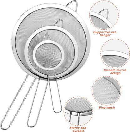 3Pcs Super Wire Extra Fine Mesh Strainer with Handle, Small Medium Large Size Sifter Metal Strainer Set, Stainless Steel Sieve Fine Mesh Strainers for Kitchen Rice Juice Quinoa Food Flour Baking3
