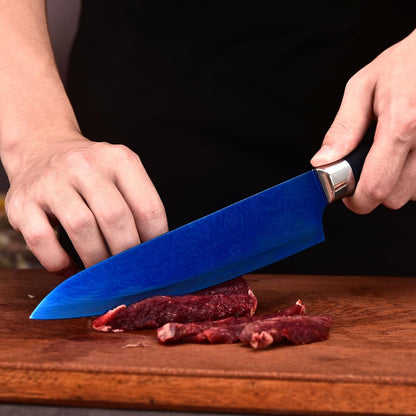 Knife Set, Kitchen Non Stick Knives Set with Block Thick Blade Cutlery Knife Block Sets with Sharpener 6Pcs Steak Knife Shears Chef Sharp Quality Aluminum Alloy Block Blue Handle and Blade9