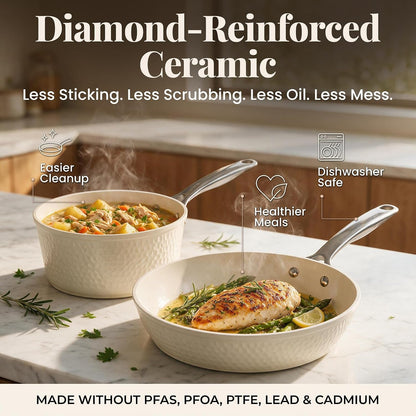 Hammered 10 Pc Pots and Pans Set Non Stick Ceramic Cookware | Heavy Duty 3.0MM Gauge, Non Toxic PFOA/PTFE/PFOS Free Ceramic & Titanium, Induction Compatible, Oven & Dishwasher Safe4