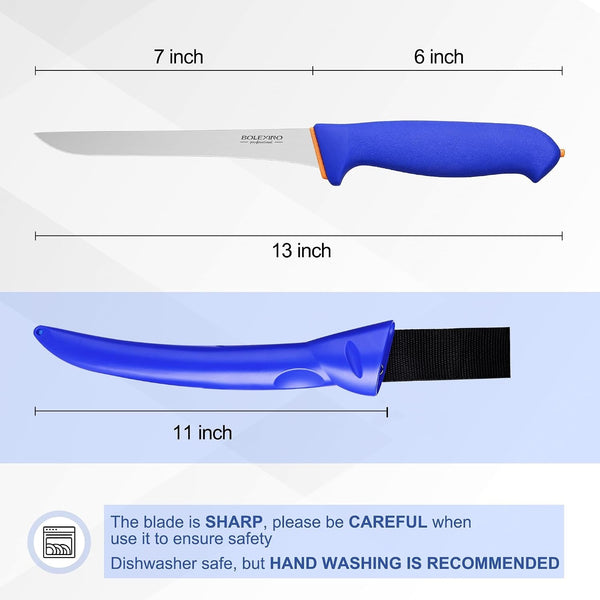 7" Fillet Knife, Semi-Flexible High Carbon Steel for Fish W/Sheath5