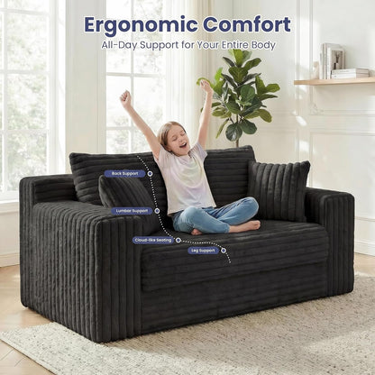 3-In-1 Convertible Sofa Bed: Boneless Loveseat Sleeper & Folding Couch Bed with 4 Pillows & Detachable Cushion,Furry Futon Couch for Bedroom,Apartment,Office and Living Room, No Assembly,Black6