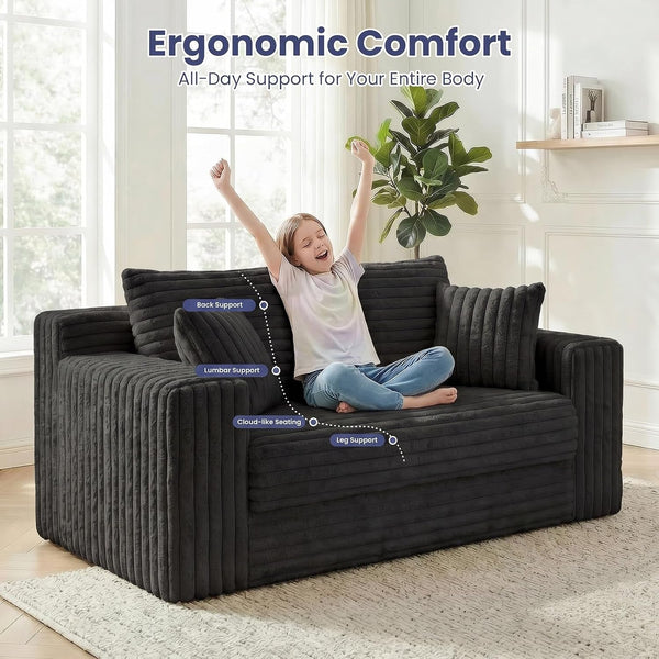 3-In-1 Convertible Sofa Bed: Boneless Loveseat Sleeper & Folding Couch Bed with 4 Pillows & Detachable Cushion,Furry Futon Couch for Bedroom,Apartment,Office and Living Room, No Assembly,Black6