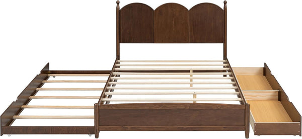 Queen Size Platform Bed with 2 Storage Drawers and Twin XL Size Trundle, Rustic Design Wooden Bed Frame, Walnut5