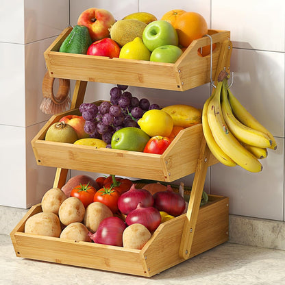 3-Tier Bamboo Fruit Basket with 2 Banana Holders | Large Tiered Organizer for Bread, Snacks, Veggies. Sturdy Bamboo, Includes Mats & Dividers. Easy to Assemble.1