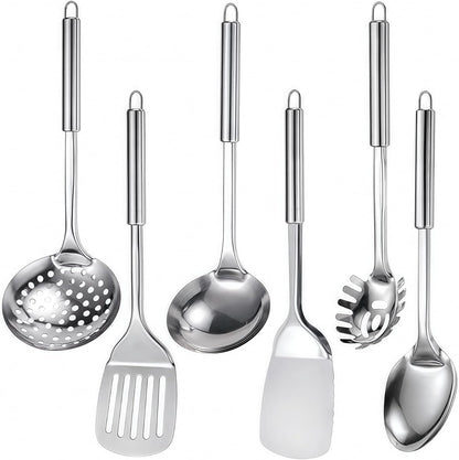 Stainless Steel Kitchen Utensils Set, 6 PCS Metal Cooking Utensils Set, Heat Resistant Cooking Spatula Spoon Set with Turners, Serving Spoon, Ladle, Skimmer, Pasta Server1