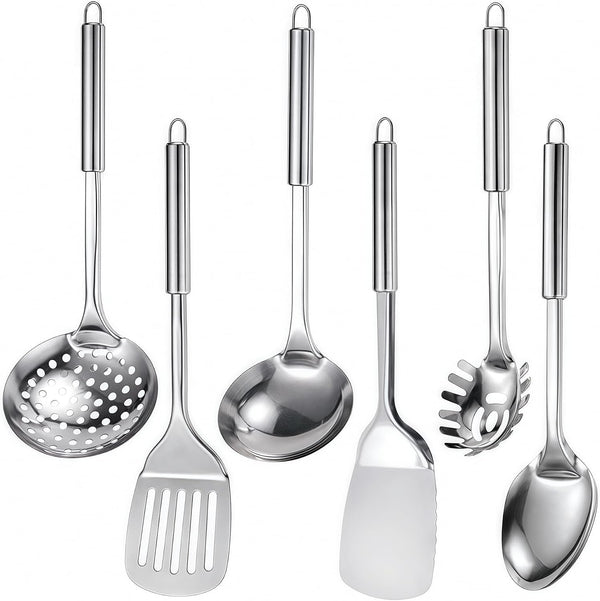 Stainless Steel Kitchen Utensils Set, 6 PCS Metal Cooking Utensils Set, Heat Resistant Cooking Spatula Spoon Set with Turners, Serving Spoon, Ladle, Skimmer, Pasta Server1