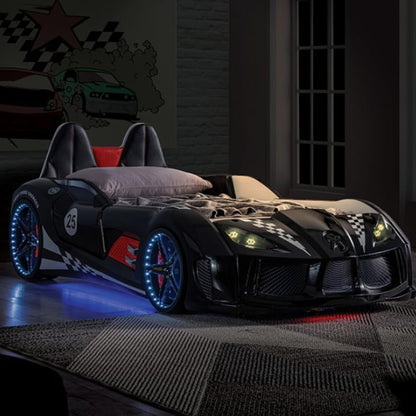 Race Car Twin Size Bed Frame for Boys with LED Lights, Music Player & Magnetic Doors | Kids Bedroom Furniture, Black3