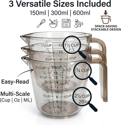 Measuring Cups Set, 3PCS with Pour Spout & Handle, Multi-Scale (Cup | Oz | Ml) Stackable Liquid & Dry Plastic Measuring Tools for Baking Cooking, Essential Kitchen Gadgets (Coffee Brown)8