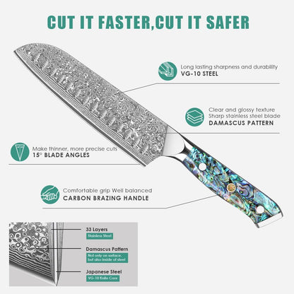Damascus Santoku Knife 7 Inch, Razor Sharp Professional Chef Knife, Japanese Hand Forged 67 Layers Hammered Damascus Blade, Ergonomic Abalone Shell Handle Cooking Knife with Gift Box3