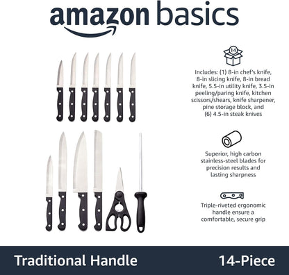 14-Piece High Carbon Stainless Steel Kitchen Knife Set with Full Tang Construction, Ergonomic Handles, Sharpener and Pinewood Block, Black2