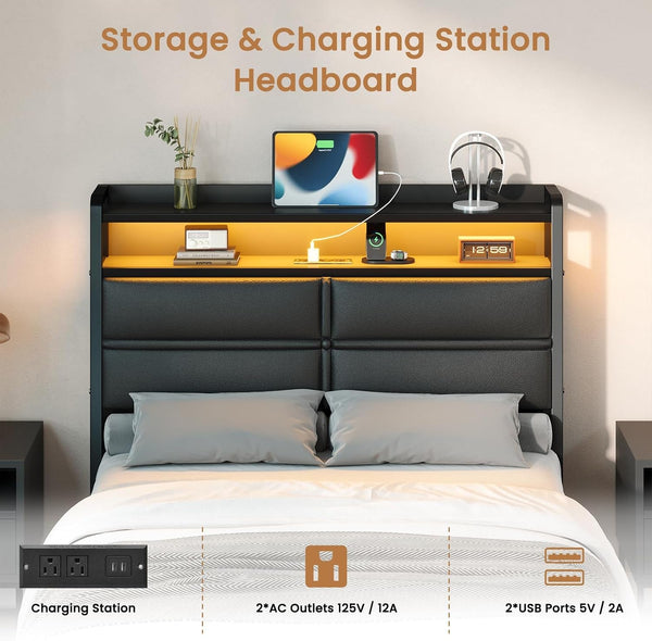 Twin Size Bed Frame with LED Lights and Charging Station, Black5