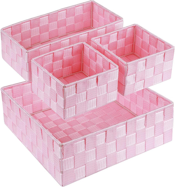 Woven Storage Baskets for Organizing, Small Baskets Cube Bin Container Tote Organizer Divider for Drawer, Closet, Shelf, Dresser, Set of 4(Pink)1