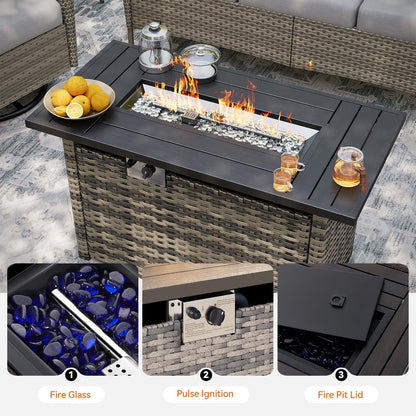 10-Piece Patio Furniture Set with 44'' Fire Pit Table, Luxury Outdoor Furniture Set with 360° Swivel Chairs, Patio Conversation Set for Backyard, Poolside & Garden, Beige/Gray6