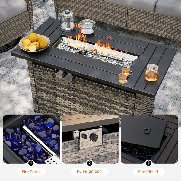 10-Piece Patio Furniture Set with 44'' Fire Pit Table, Luxury Outdoor Furniture Set with 360° Swivel Chairs, Patio Conversation Set for Backyard, Poolside & Garden, Beige/Gray6