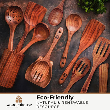 Wooden Spoons for Cooking, 12 Pcs Teak Utensil Set with Holder & Hooks8