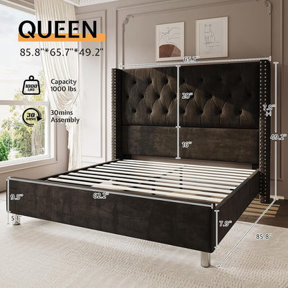 Queen Velvet Bed Frame with 49.2" Tall Wingback Headboard, Black2