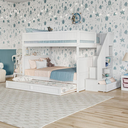 Staircase Bunk Bed with Twin Trundle & Storage Drawer White/Full over Full3
