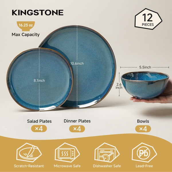 Stoneware Dinnerware Sets for 4, Reactive Glaze Plates and Bowls, Blue2