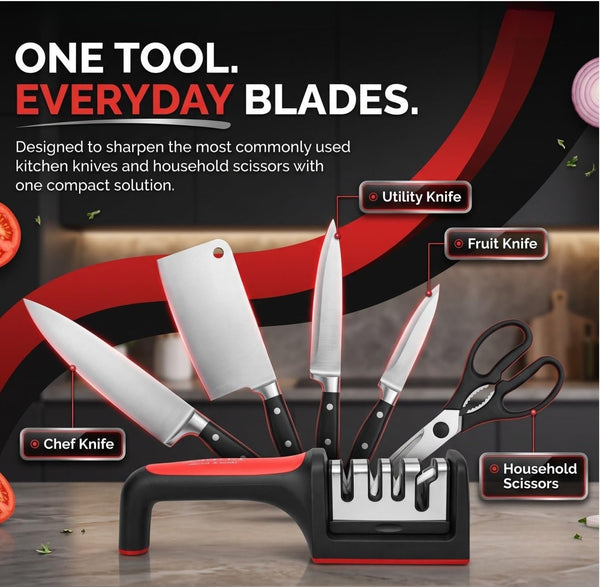 4 Stage Manual Knife Sharpener for Kitchen, 4 in 1 Scissor Sharpener Helps Repair, Restore, Polish Blades and Cut-Resistant with Non-Slip Grip4