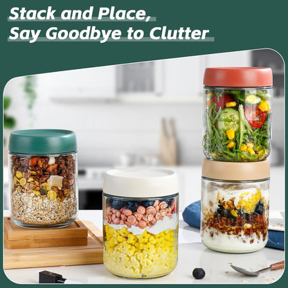 Overnight Oats Containers with Lids,16Oz Glass Jars with Lids - Set of 4, Practical Oatmeal Container to Go, Chia Seed Pudding Jars, Baby Food Containers5