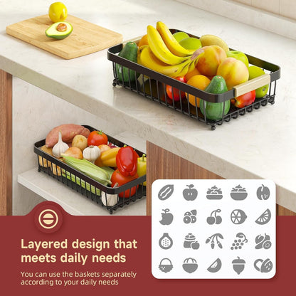 2-Tier Fruit Basket with Banana Hangers, Detachable Metal Bowl | Wooden Handle, Protective Mats Included. Versatile Holder for Bread, Snacks, and Veggies. Large 2 Tier Metal Design.6