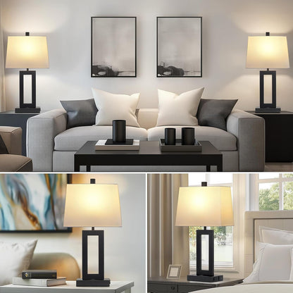 Black Bedside Table Lamp Set of 2,Nightstand Lamps with USB Ports3