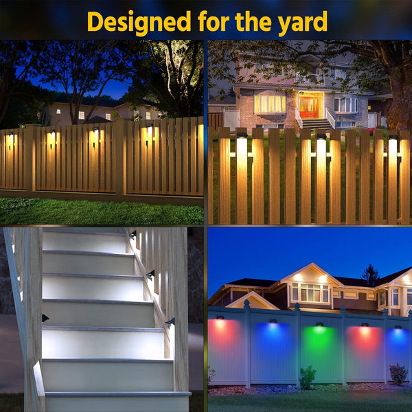 Outdoor Fence Lights, 6 Pack Waterproof LED Solar Fence Lights with 1500Mah Battery, Warm White/Cool White/Rgb, Easy-To-Install Wall Light for Deck, Patio, Railing, Stairs, Backyard – Black2