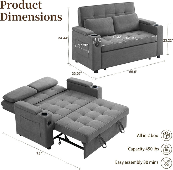55.5'' 3-In-1 Convertible Sofa Bed, Pull Out Couch with 5-Position Adjustable Backrest, Loveseat Sleeper Sofa for Small Spaces, Sofa Couch with Cup Holders for Living Room, Office, Chenille2