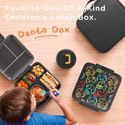 Bento Lunch Box for Kids with 8Oz Soup Thermo,Leak-Proof Lunch Containers with 5 Compartment,Thermo Food Jar and Lunch Bag, Food Containers for School (A-Black(Game Consoley))8