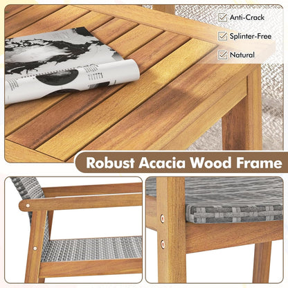 4 Pieces Outdoor Furniture Set, Acacia Wood Frame Sofa Set W/Rattan Seat & Back, Patio Conversation Set W/Coffee Table for Balcony, Poolside, Backyard (Mix Gray)4