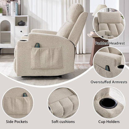 Manual Recliner Chair with Massage and Heat,Comfy Recliner Chair Sofa with Overstuffed Arms and Back, Manual Reclining Single Sofa with 2 Cup Holders, Side Pocket for Living Room,Beige8