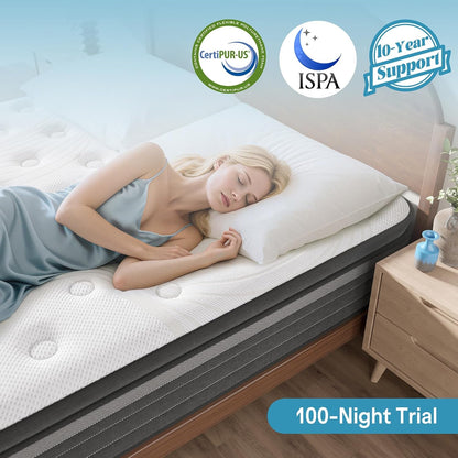Queen Mattress 10 Inch Hybrid Mattress in a Box, Medium Firm Queen Size Bed Mattresses with Zoned Support, Memory Foam and Pocket Springs for Motion Isolation&Pressure Relief, Certipur-Us7