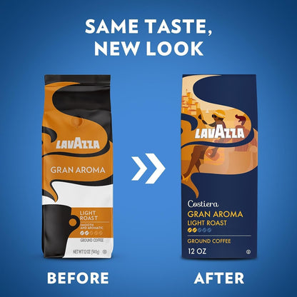 Lavazza Costiera Gran Aroma Ground Coffee 12Oz Bag, Light Roast, Smooth and Aromatic Taste, Intensity 2/5, 100% Arabica, Ideal for Drip Brewers, (Pack of 1) - Package May Vary2