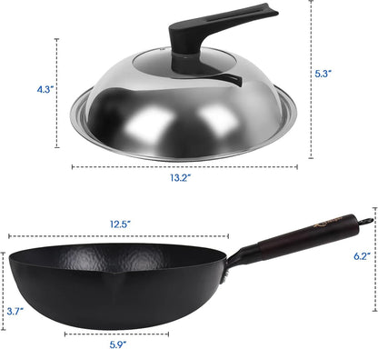12.5 Inch Carbon Steel Wok for Electric, Induction and Gas Stoves (Lid, Spatula and User Guide Video Included)6