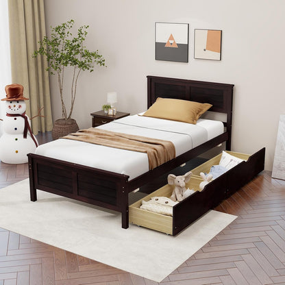 Twin Size Wood Bed Frame with 2 Storage Drawers, Mid Century Platform Bed Frame with Headboard, Sturdy Wooden Slats Support, Modern Mattress Foundation, No Box Spring Required, Easy Assembly3