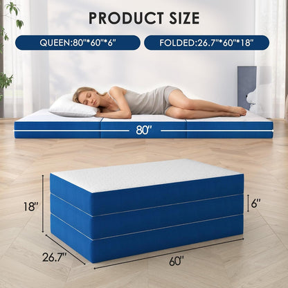 6 Inch Tri-Fold Mattress Queen Size, Portable Memory Foam Guest Bed with Certipur-Us Certified Cooling Gel & Washable Cover, Folding Mattress for Camping, Dorm, RV & Living Room2