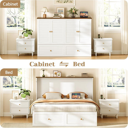 Queen Murphy Bed with Charging Station - Modern Queen Bed Frame with Storage, Foldable Platform Cabinet Beds with Drawer, Wood Hideway Bedframe for Guest & Living Room, Bedroom, Office, White3